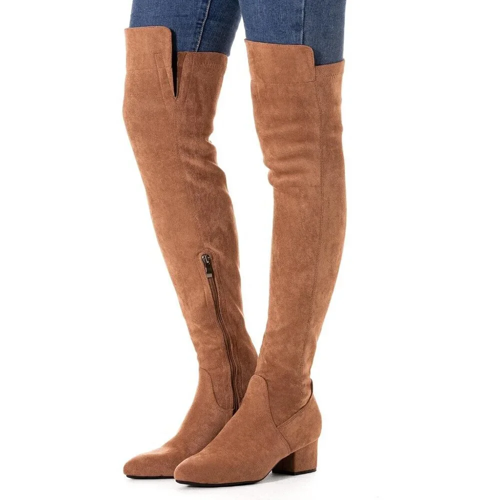Women Brown\2 Ihch Suede Over the Knee Thigh High Chunky Block Heel Boots